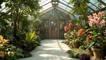 Serene Conservatory: Sunlit Pathway, Vibrant Blooms, Tranquil Greenhouse