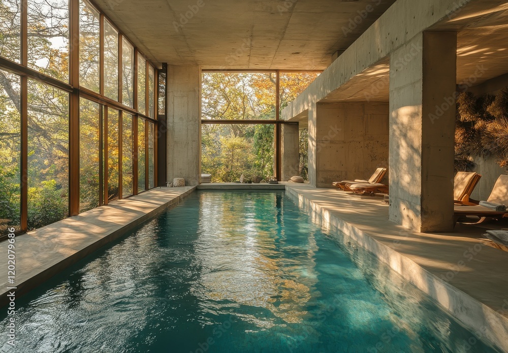 Poster Tranquil Indoor Pool Surrounded by Nature in Modern Architecture with Large Windows and Natural Light Enhancing a Serene Relaxation Space