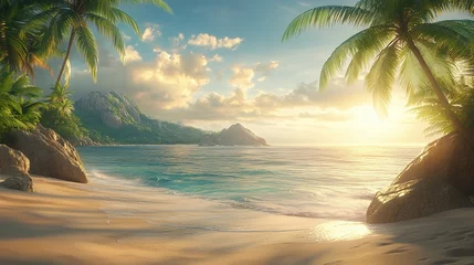 Tropical beach sunset with palms, ocean, islands, scenic background, ideal travel ad