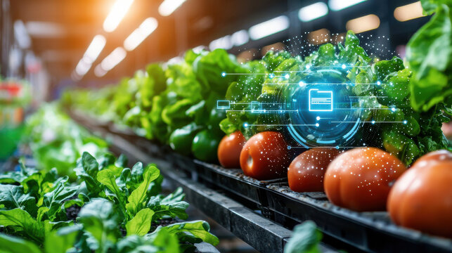 High tech sustainable farming with fresh vegetables and digital interface. image showcases vibrant tomatoes and leafy greens, emphasizing innovation in agriculture