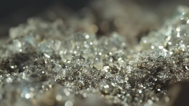 Macro camera movement video with side lighting, examining gypsum-rich soil, crystalline structures sparkling under side lighting that reveals the mineral's reflective properties