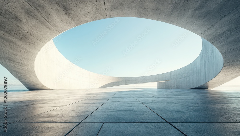Poster tranquil modern architecture featuring minimalist design with curved concrete elements and expansive