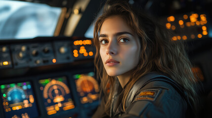 Young woman pilot in cockpit with illuminated control panel and aviation instruments, focused on flying an aircraft