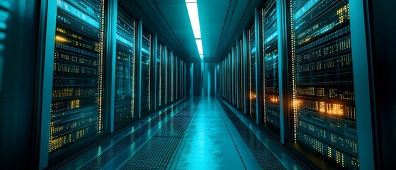 Obraz premium Futuristic data center corridor showcasing rows of servers illuminated by neon blue lights, representing advanced technology and digital innovation in a high-tech environment.