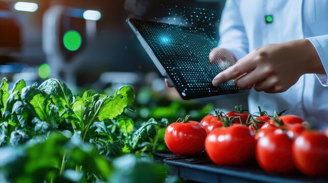 person in lab coat uses tablet to monitor sustainable farming, surrounded by fresh tomatoes and leafy greens, showcasing technology in agriculture