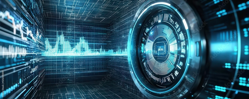 Poster a futuristic digital background featuring a secure vault, sound waves, and data visualization, symbo