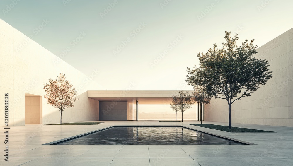 Aufkleber tranquil modern architecture with pool and trees in minimalist landscape set against a soft sky high
