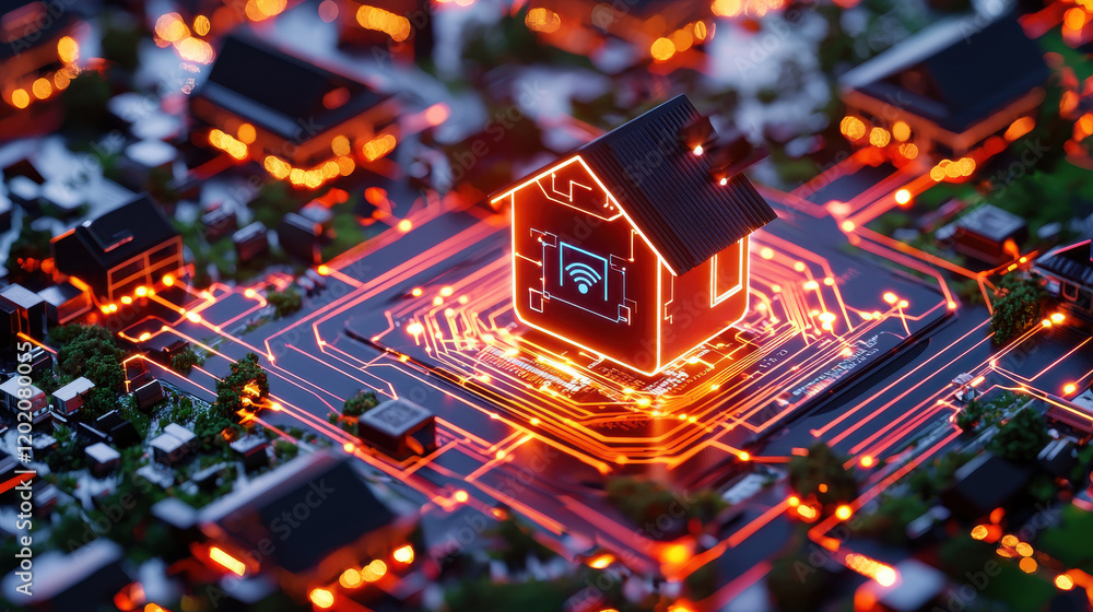 Poster high resolution image of smart home security system with glowing circuits, showcasing futuristic house design. scene emphasizes technology and connectivity