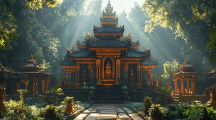 Sunbeams illuminate golden temple in lush jungle