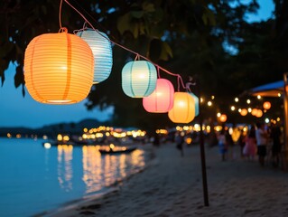 Fototapeta premium Colorful Lanterns Illuminate Serene Beach at Dusk by Water