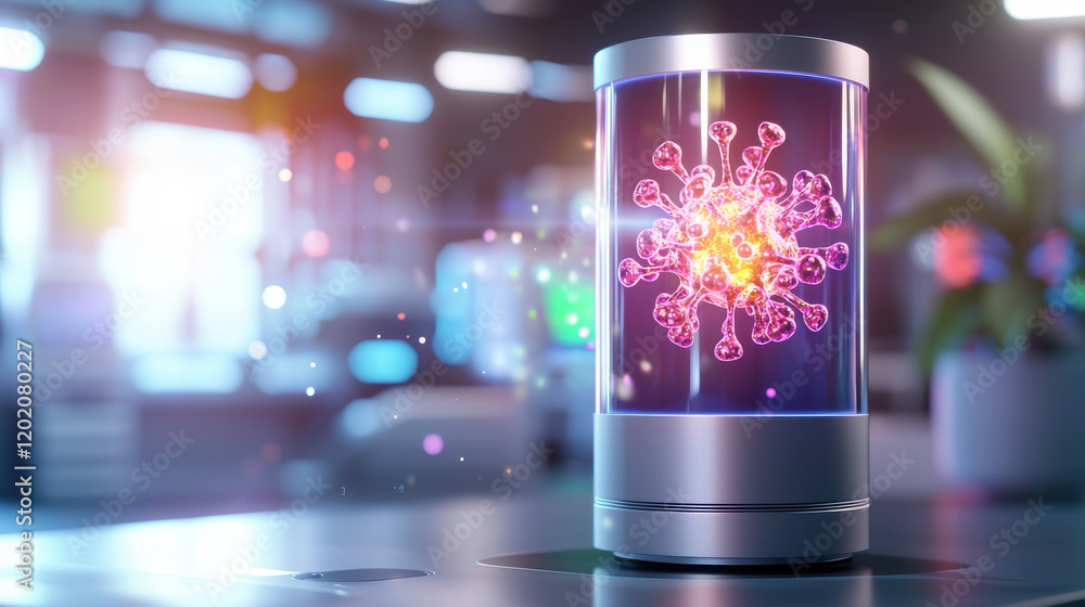 Aufkleber futuristic display of virus model in laboratory setting, showcasing vibrant colors and intricate det