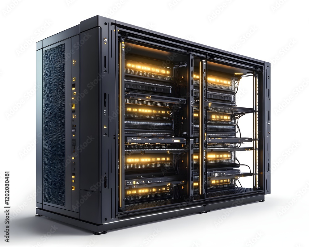 Poster high-performance data server with illuminated components showcasing modern computing power and effic