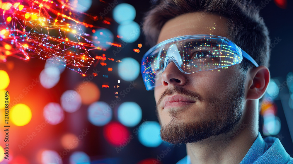 Poster innovative scientist wearing smart glasses, exploring data visualization and technology. vibrant bac