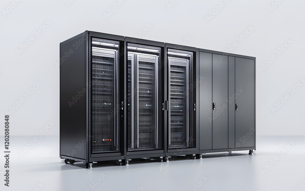 Poster modern server racks in a data center setting.