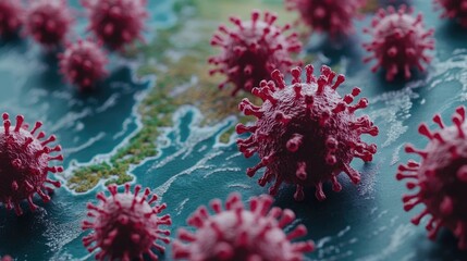 Coronavirus particles on world map highlighting global pandemic impact. HMPV, Human metapneumovirus