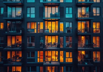 Urban Apartment Building Facade with Warm Illuminated Windows Captured at Dusk Offering Cozy Atmosphere and Modern Architectural Design Highlights