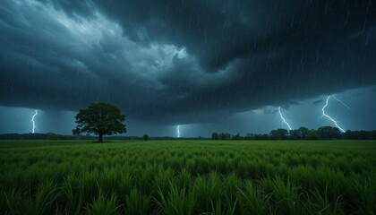 Lightning storm over green field with lone tree.