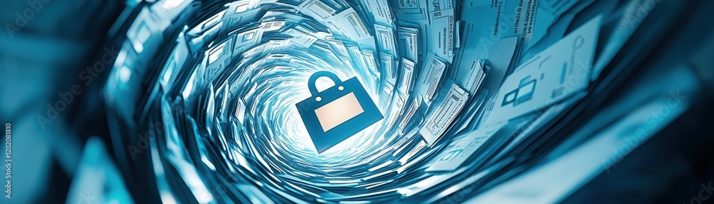 Poster a swirling tunnel of digital data featuring a padlock symbol, representing cybersecurity and informa