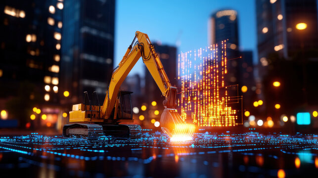 high tech construction site featuring yellow excavator with digital overlays, showcasing innovation and modern technology in urban development - Powered by Adobe