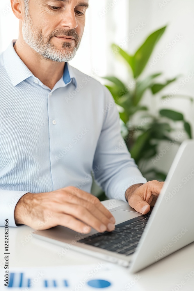 Poster man is typing on a laptop computer