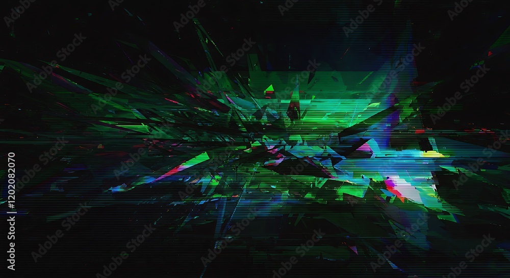 Poster digital glitch or a distorted video signal, with sharp angles and jagged lines. abstract composition