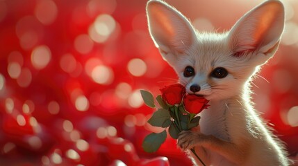 Fototapeta premium Adorable fennec fox holding red roses against blurred bokeh background. The 14th of February. Happy Valentine's Day