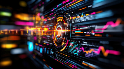 High tech engineering project management screen displaying data visualization, graphs, and analytics. vibrant colors and digital elements create engaging atmosphere