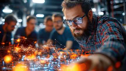 High tech engineering team collaborating on project, focused on digital data analysis and innovation. atmosphere is dynamic and creative, showcasing teamwork and technology