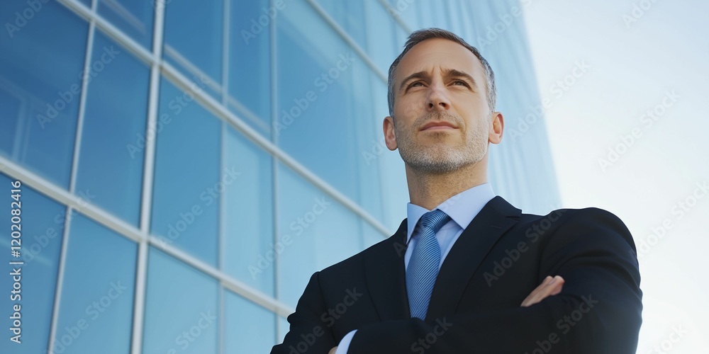 Aufkleber man in a suit and tie stands in front of a building