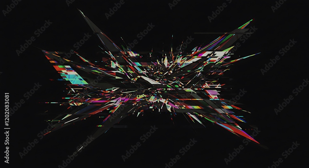 Poster digital glitch or a distorted video signal, with sharp angles and jagged lines. abstract composition