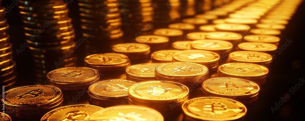 Poster a close-up view of shiny gold coins stacked in rows, illuminated by warm light, creating a rich and 