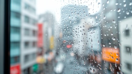 Fototapeta premium Window view of a city with raindrops on the glass
