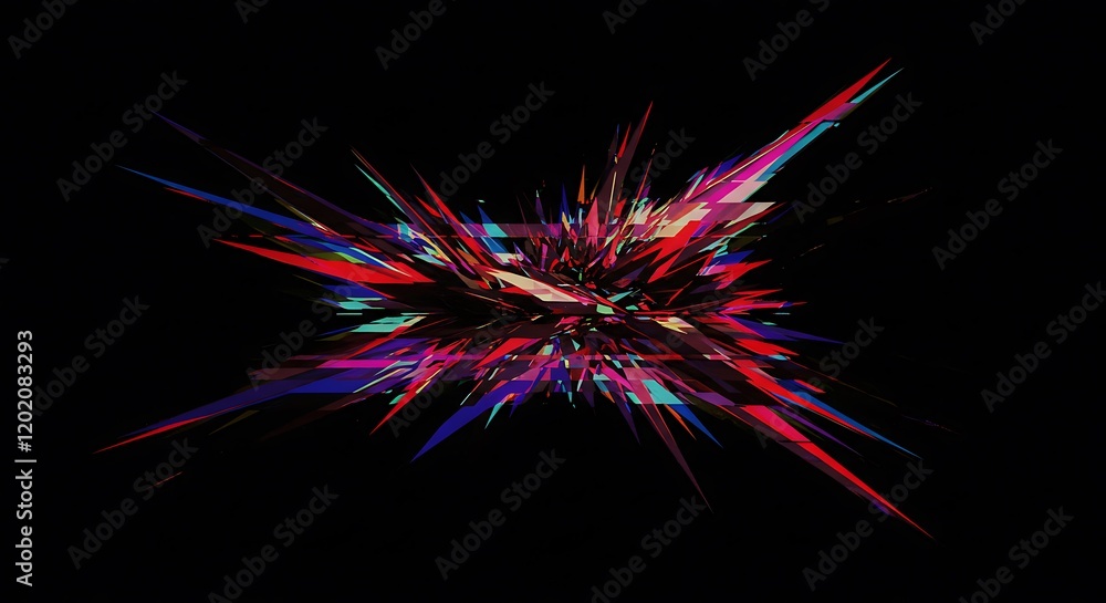 Poster digital glitch or a distorted video signal, with sharp angles and jagged lines. abstract composition