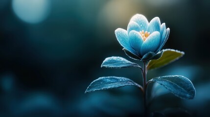 A close-up of a delicate blue flower illuminated by a mystical glow evokes a sense of calm and beauty, capturing nature's exquisite detail and serenity.