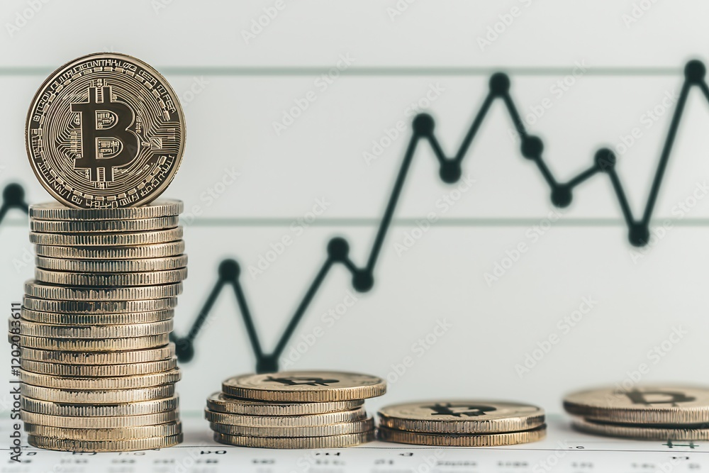 Poster a stack of bitcoin coins with a fluctuating line graph in the background, symbolizing cryptocurrency