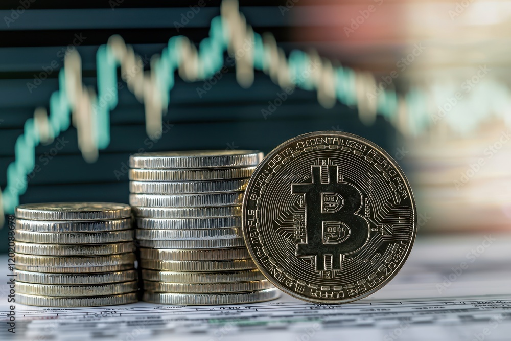 Aufkleber a stack of coins with a prominent bitcoin in the foreground, set against a background of fluctuating
