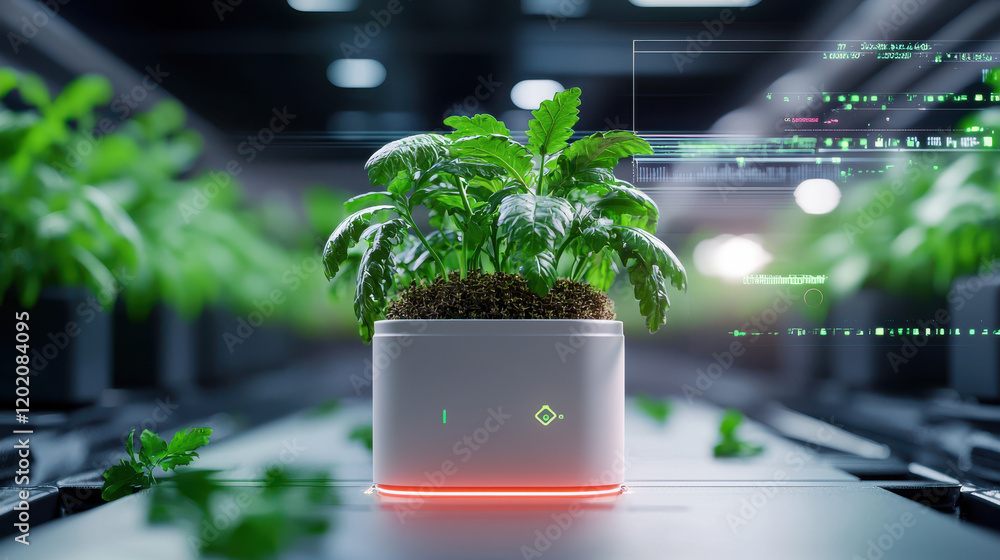 Poster high tech urban farm featuring smart planter with lush green plants, utilizing AI algorithms for optimal growth and nutrient management. environment is modern and innovative
