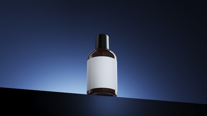 Closeup Cosmetic bottle with white label isolate on blue scene lighting studio display background. Cosmetic Product idea concept. 3D Rendering.