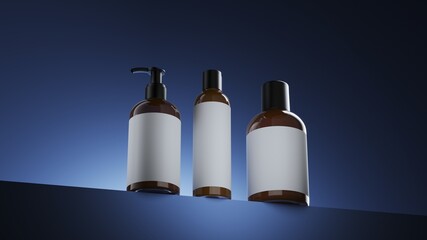 Closeup sets of Lotion bottle cosmetics isolate on blue scene lighting studio display background. Cosmetic Product idea concept. 3D Rendering.