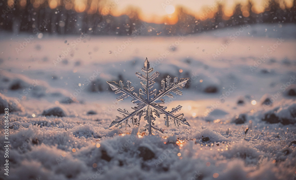 Poster A snowflake is sitting on the snow. The snow is white and the sky is pink. The snowflake is the only thing in the image