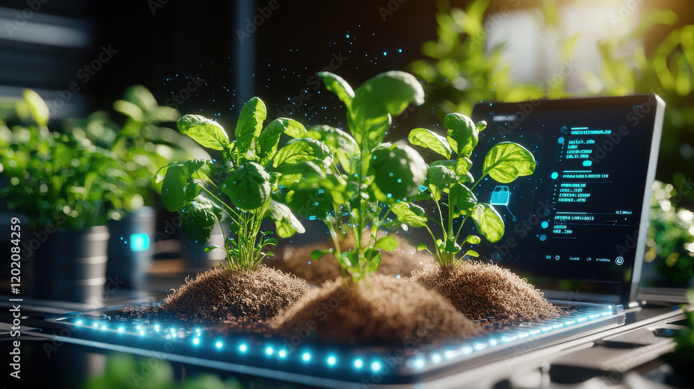 Poster High tech urban farm using AI algorithms to grow nutritious plants. image showcases vibrant green plants emerging from soil, with digital interface displaying growth data