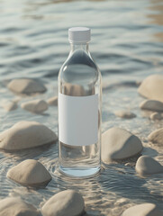 Obraz premium Glass Beverage Bottle Mockup with White Paper Label on Water and Rustic Stones