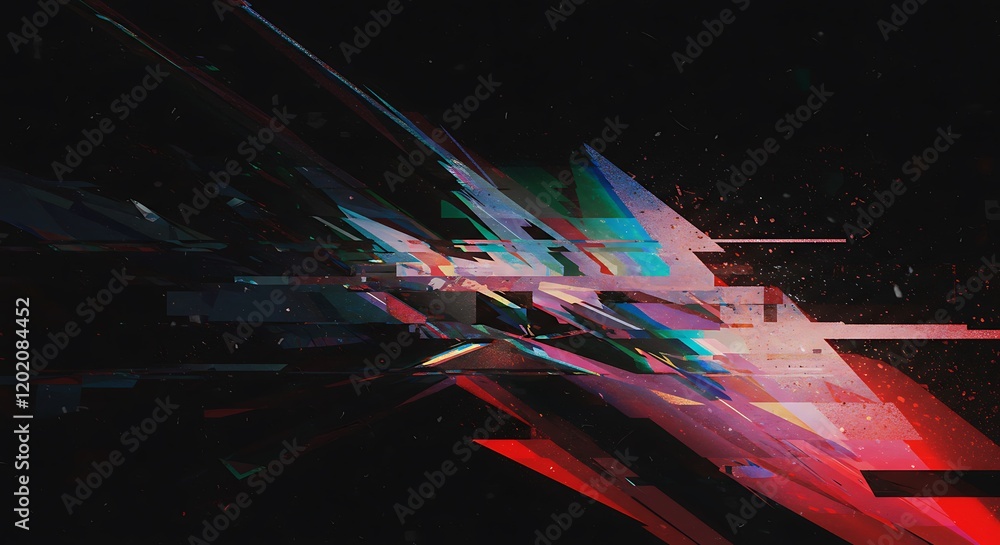 Poster digital glitch or a distorted video signal, with sharp angles and jagged lines. abstract composition
