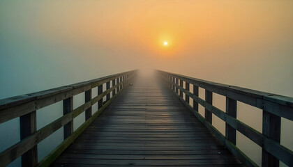 Obraz premium Boardwalks over foggy marshlands or swamps.