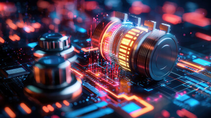 Futuristic digital circuit with glowing components and data visualization, showcasing advanced technology and innovation in vibrant, high tech environment