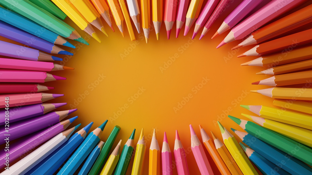Poster vibrant flat lay of colorful pencils arranged in circular pattern on bright yellow background, creat