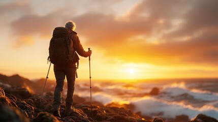 A serene sunset paints the sky as an adventurous hiker journeys along the rocky coastline, embodying freedom, exploration, and the beauty of nature's vast landscapes.