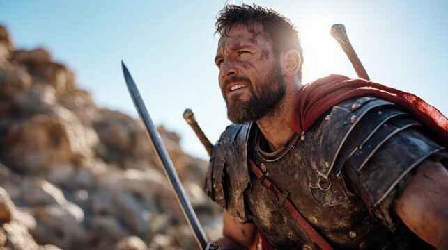 A fierce Roman soldier stands valiantly in a sunlit desert, symbolizing strength and resilience with a sword in hand amidst rugged terrain and historical ambiance.