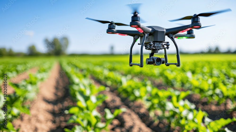 Poster drone flying over green farm field, capturing data for precision agriculture. technology enhances crop monitoring and improves farming efficiency