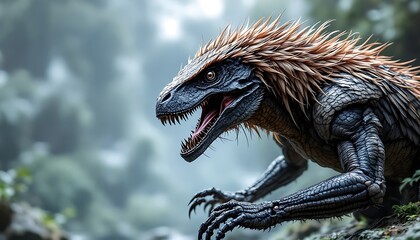 Majestic Dark Dinosaur:  A Fierce, Feathered Creature in a Misty Forest